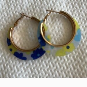 Floral Hoop Earrings with Blue and Yellow Flowers Women's